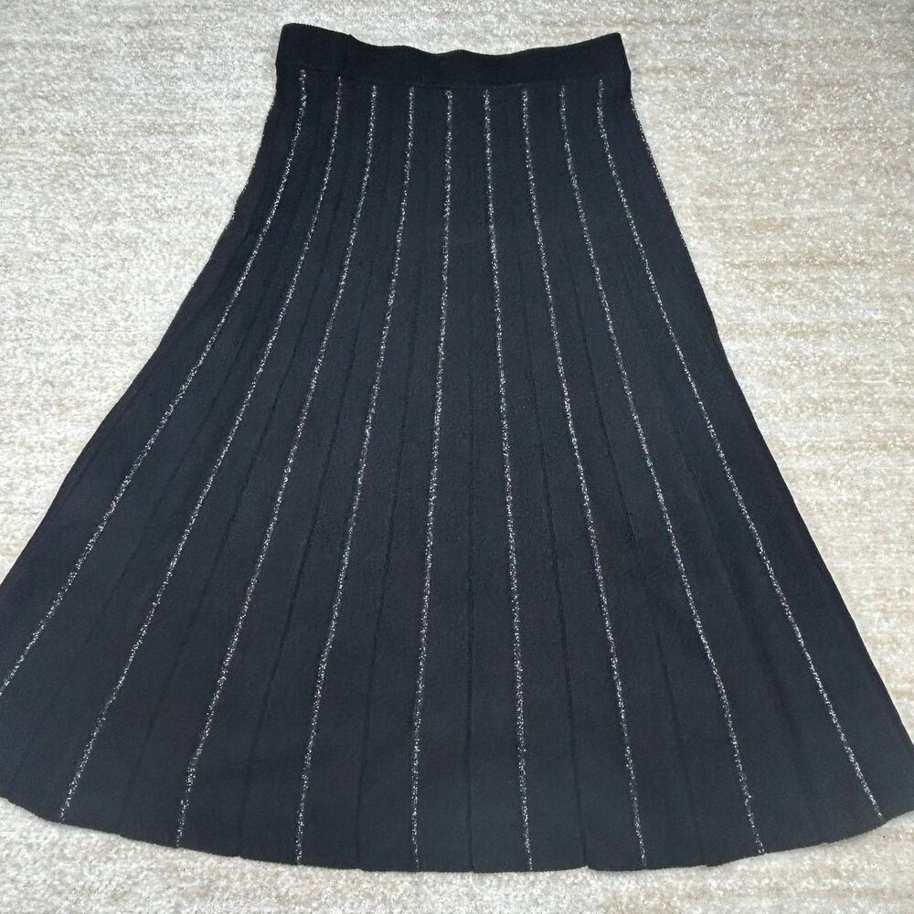 Max Studio Skirt Womens S Black Pleated Knit Metallic Lurex Stripe Pull On
